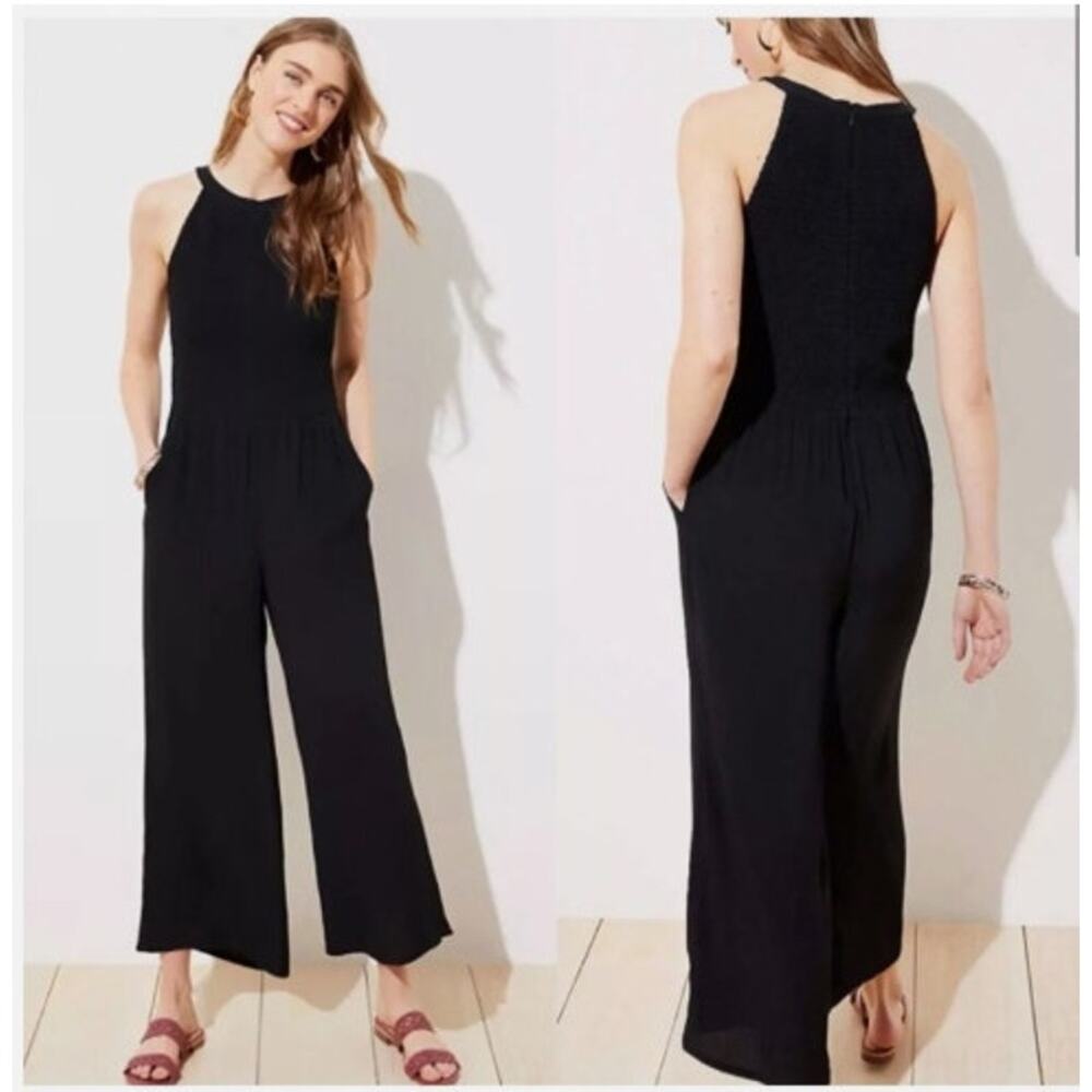 NWT New Loft Wide Leg‎ Smocked Top Jumpsuit High Neck Black Size 2